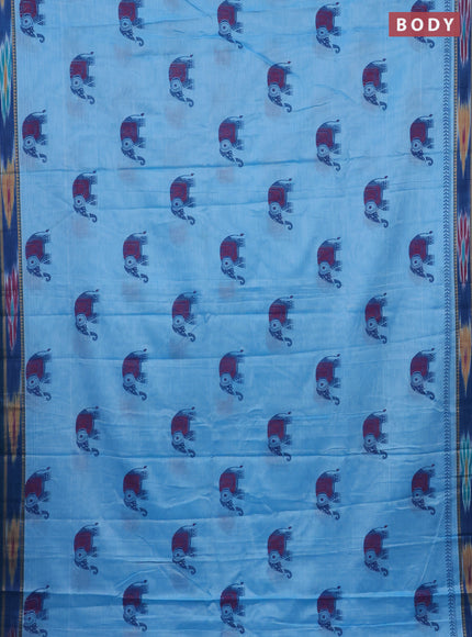Narayanpet cotton saree light blue and peacock blue with block prints and thread woven border