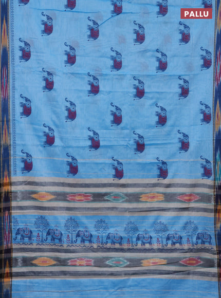 Narayanpet cotton saree light blue and peacock blue with block prints and thread woven border