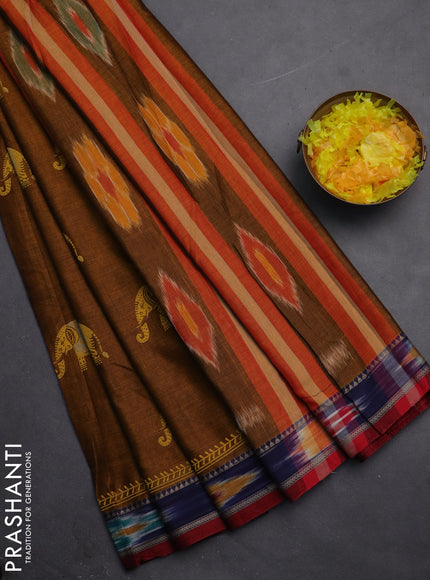 Narayanpet cotton saree dark mustard and maroon with block prints and thread woven border