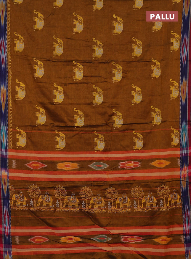 Narayanpet cotton saree dark mustard and maroon with block prints and thread woven border