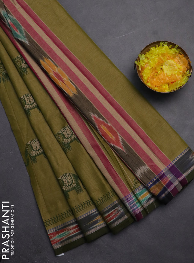 Narayanpet cotton saree elaichi green and sap green with block prints and thread woven border