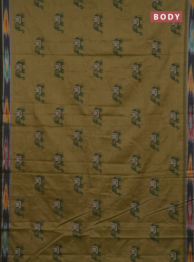 Narayanpet cotton saree elaichi green and sap green with block prints and thread woven border