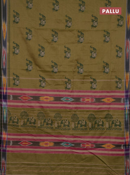 Narayanpet cotton saree elaichi green and sap green with block prints and thread woven border