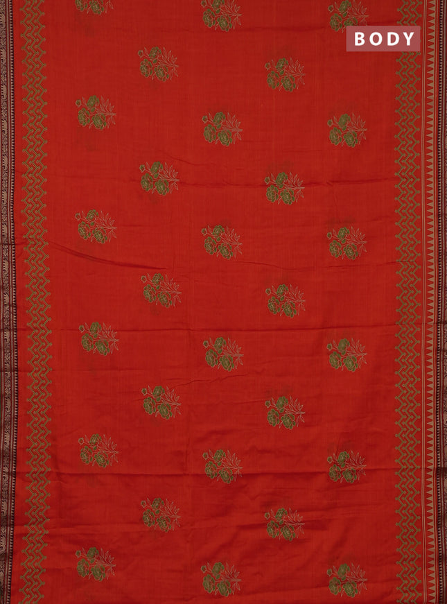 Narayanpet cotton saree orange and green with block prints and thread woven border