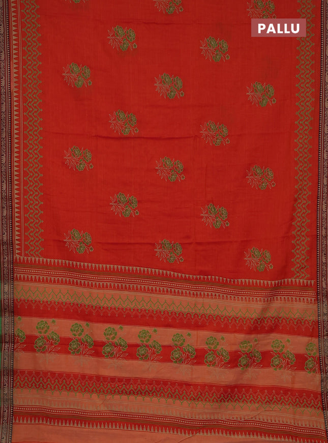 Narayanpet cotton saree orange and green with block prints and thread woven border