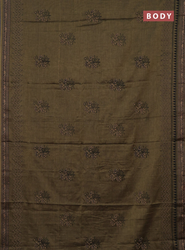 Narayanpet cotton saree olive green and black with block prints and thread woven border