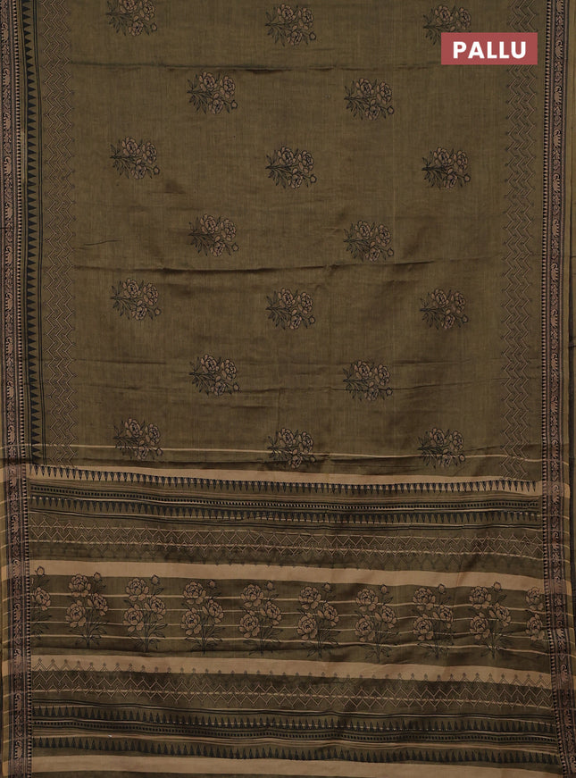 Narayanpet cotton saree olive green and black with block prints and thread woven border