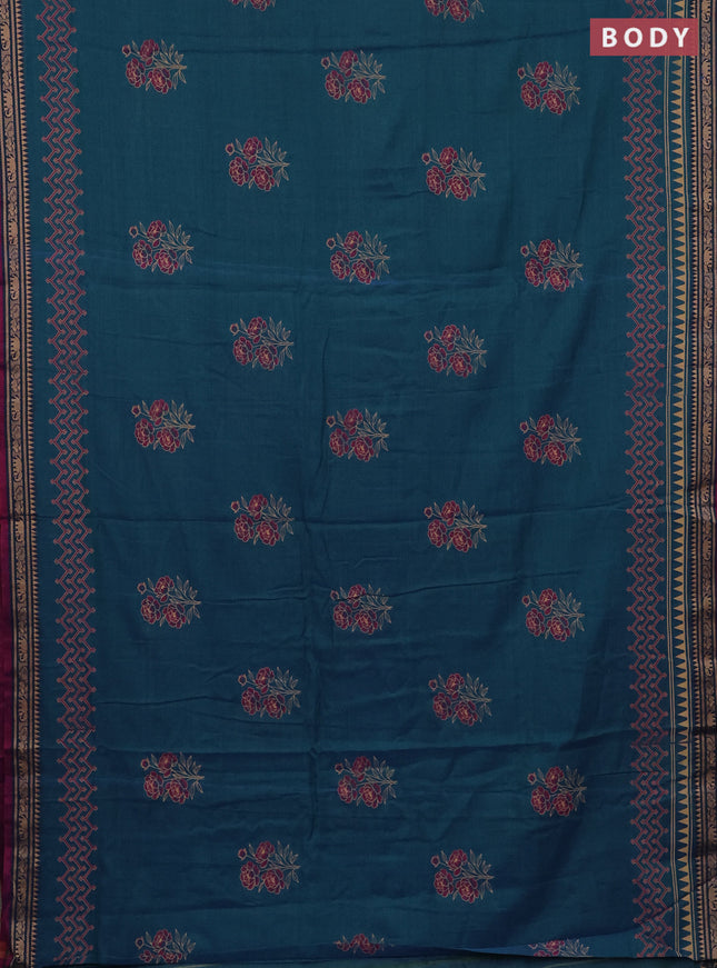Narayanpet cotton saree dual shade of bluish green and dual shade of purple with block prints and thread woven border