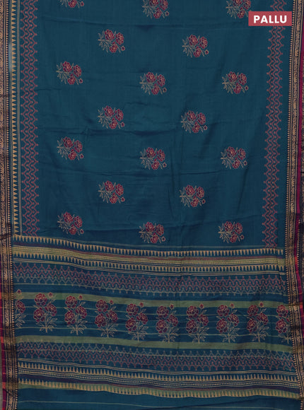 Narayanpet cotton saree dual shade of bluish green and dual shade of purple with block prints and thread woven border