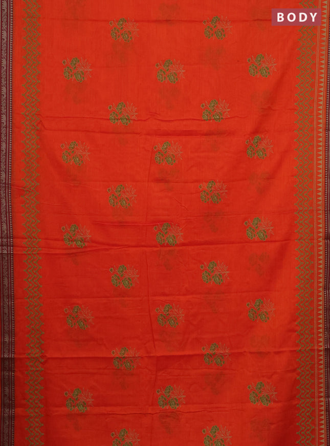 Narayanpet cotton saree orange and maroon with block prints and thread woven border