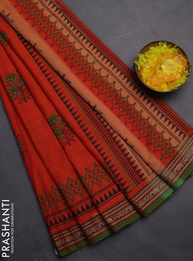 Narayanpet cotton saree orange and dual shade of green with block prints and thread woven border