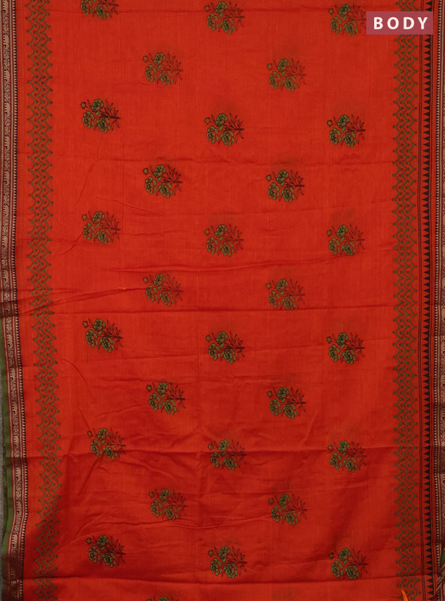 Narayanpet cotton saree orange and dual shade of green with block prints and thread woven border