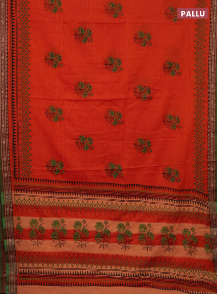 Narayanpet cotton saree orange and dual shade of green with block prints and thread woven border