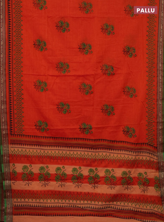 Narayanpet cotton saree orange and dual shade of green with block prints and thread woven border