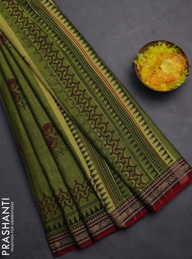 Narayanpet cotton saree light green and red with block prints and thread woven border