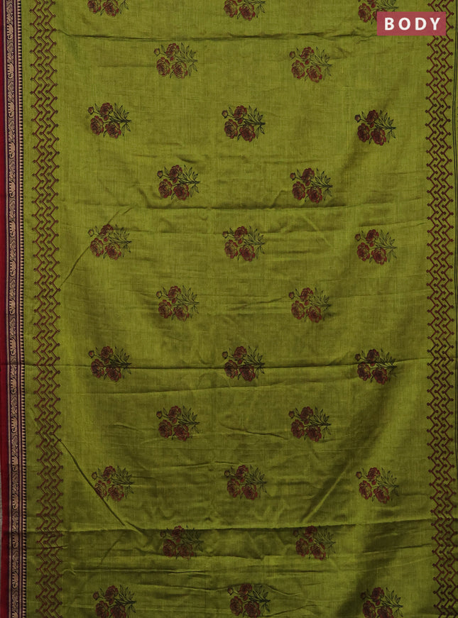 Narayanpet cotton saree light green and red with block prints and thread woven border