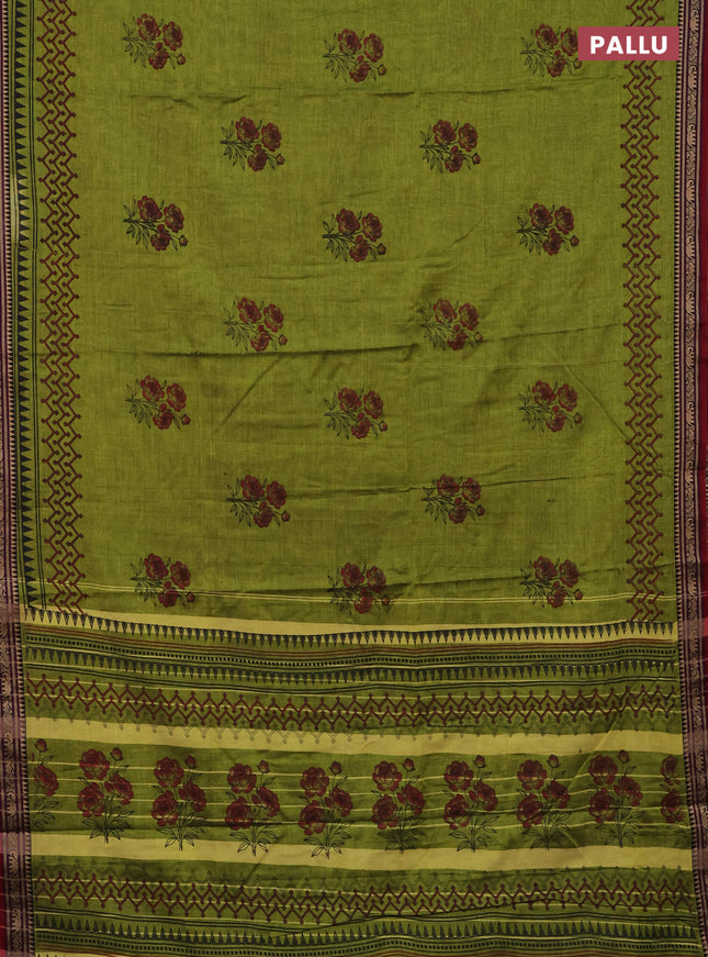 Narayanpet cotton saree light green and red with block prints and thread woven border
