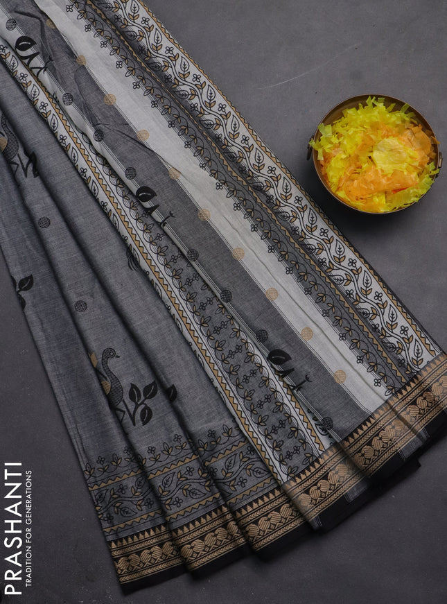 Narayanpet cotton saree grey and black with block prints and thread woven border