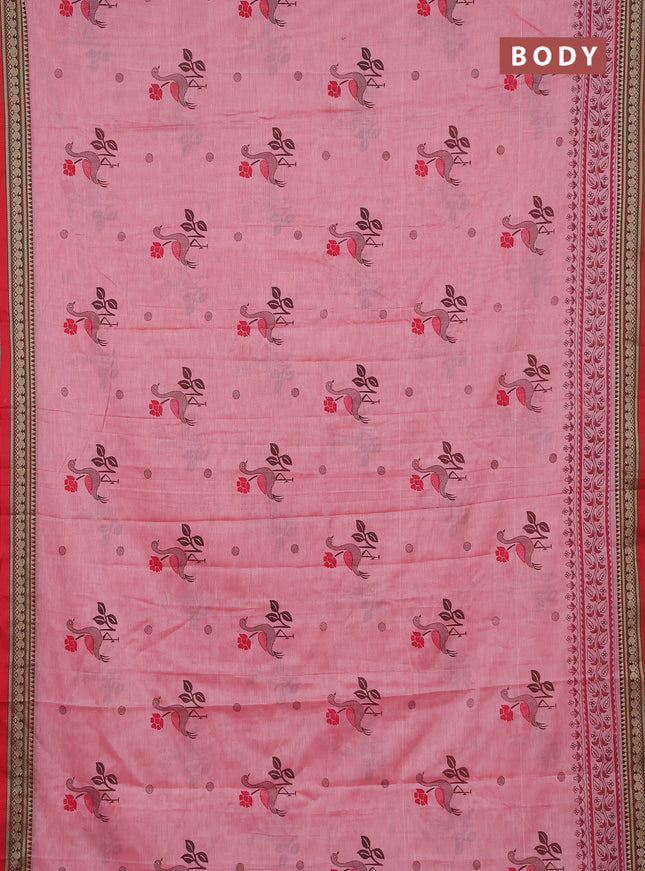 Narayanpet cotton saree peach red and red with block prints and thread woven border