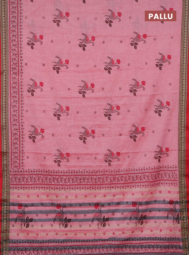 Narayanpet cotton saree peach red and red with block prints and thread woven border