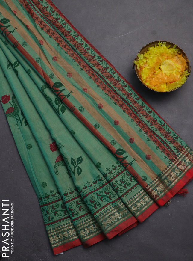 Narayanpet cotton saree teal green shade and red with block prints and thread woven border