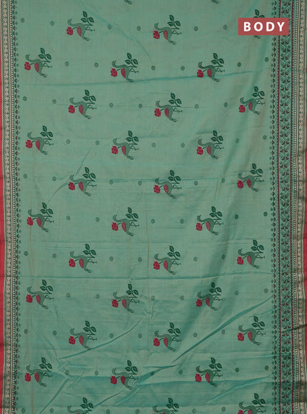 Narayanpet cotton saree teal green shade and red with block prints and thread woven border