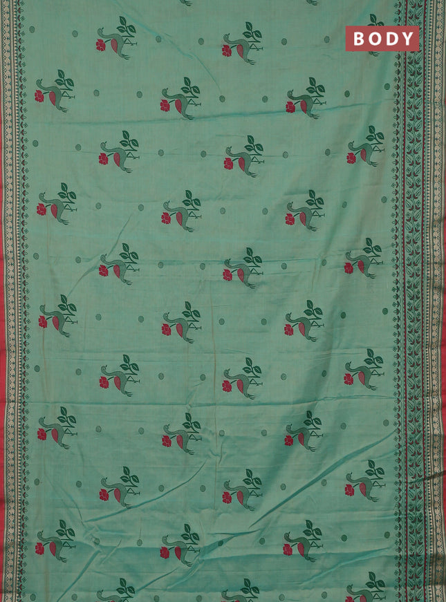 Narayanpet cotton saree teal green shade and red with block prints and thread woven border