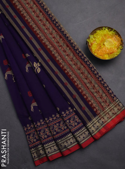Narayanpet cotton saree violet and red with block prints and thread woven border