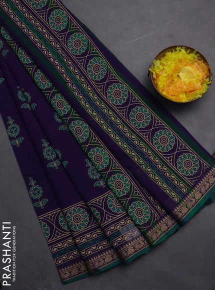 Narayanpet cotton saree violet and green with block prints and thread woven border