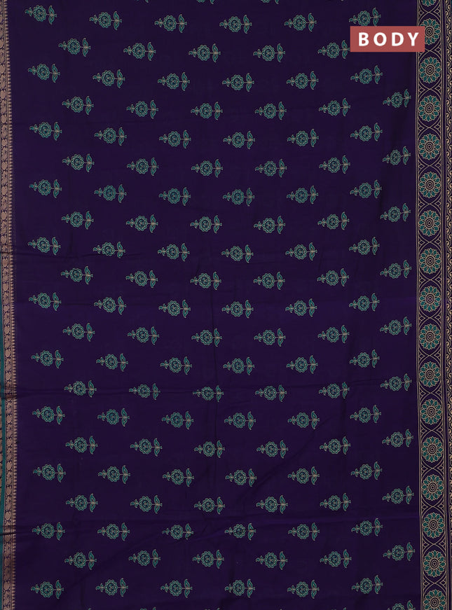Narayanpet cotton saree violet and green with block prints and thread woven border