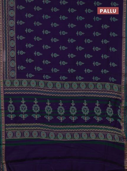 Narayanpet cotton saree violet and green with block prints and thread woven border