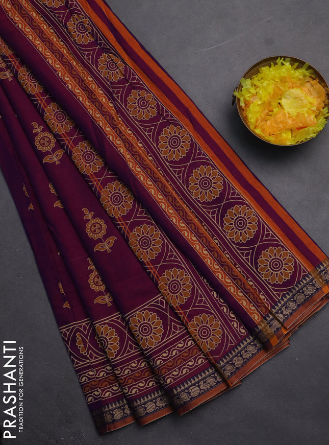 Narayanpet cotton saree purple and rust shade with block prints and thread woven border