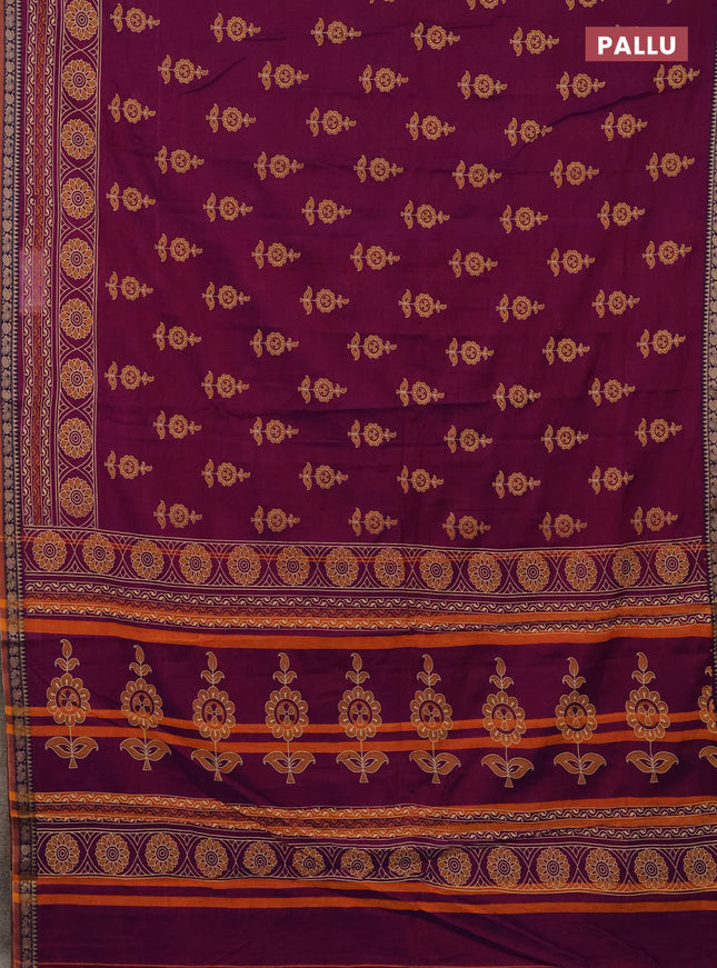 Narayanpet cotton saree purple and rust shade with block prints and thread woven border