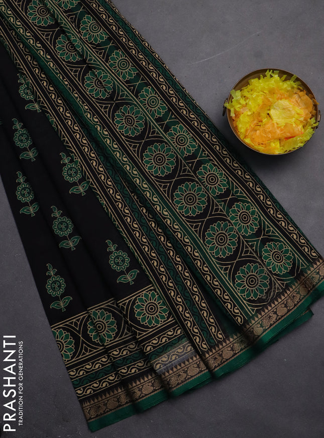 Narayanpet cotton saree black and green with block prints and thread woven border