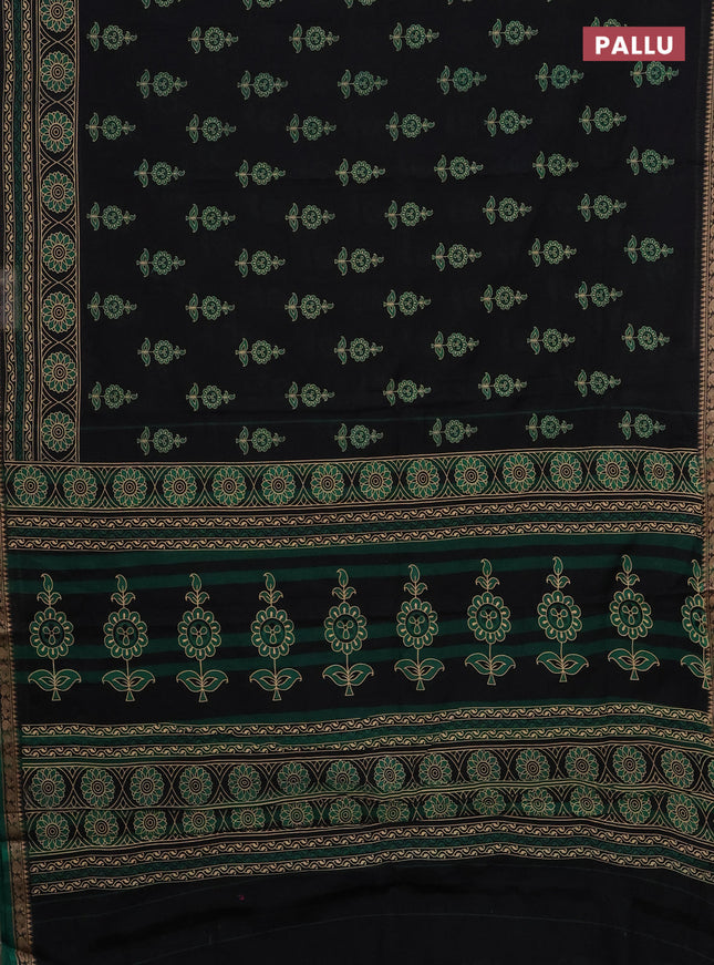 Narayanpet cotton saree black and green with block prints and thread woven border