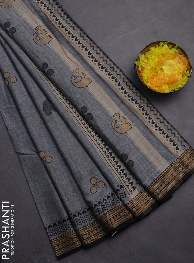 Narayanpet cotton saree grey and black with block prints and thread woven border