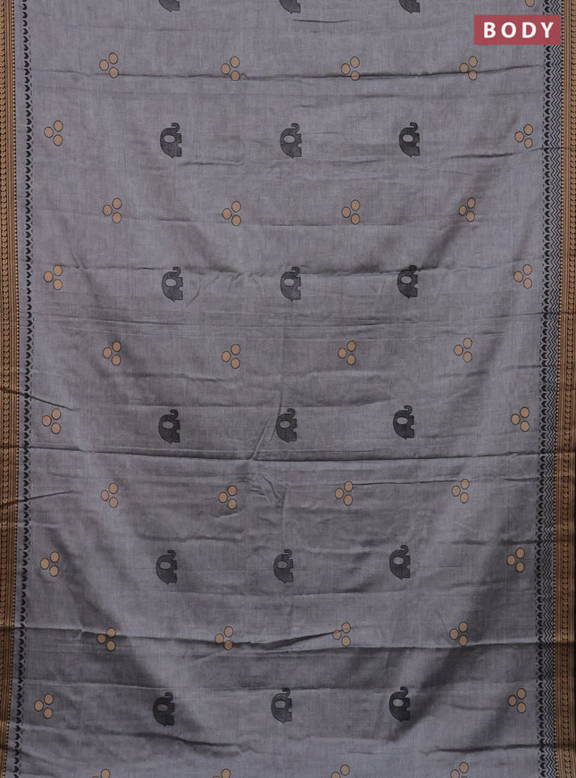 Narayanpet cotton saree grey and black with block prints and thread woven border