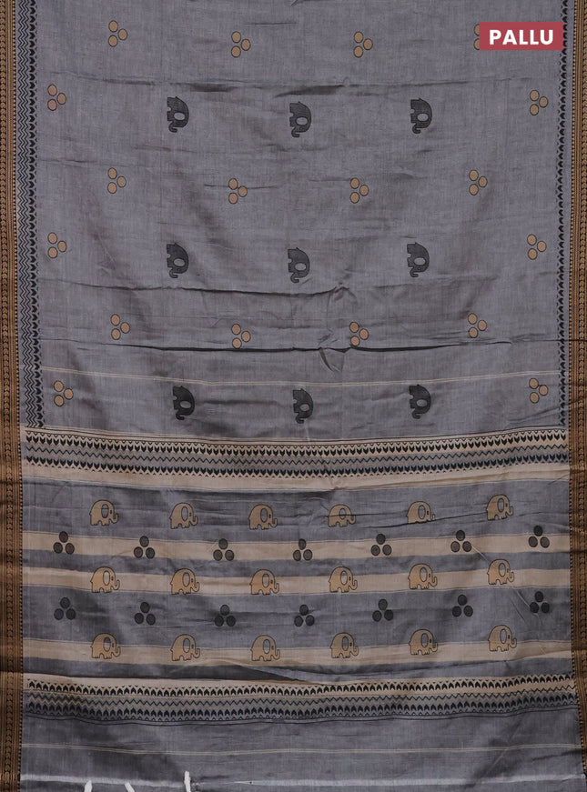 Narayanpet cotton saree grey and black with block prints and thread woven border