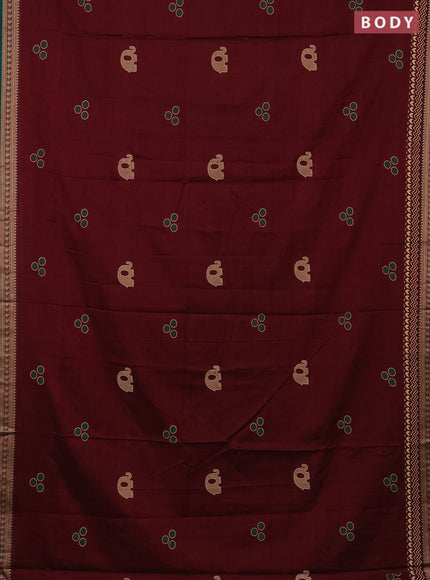 Narayanpet cotton saree maroon and green with block prints and thread woven border