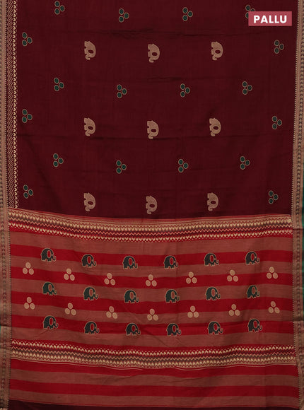 Narayanpet cotton saree maroon and green with block prints and thread woven border