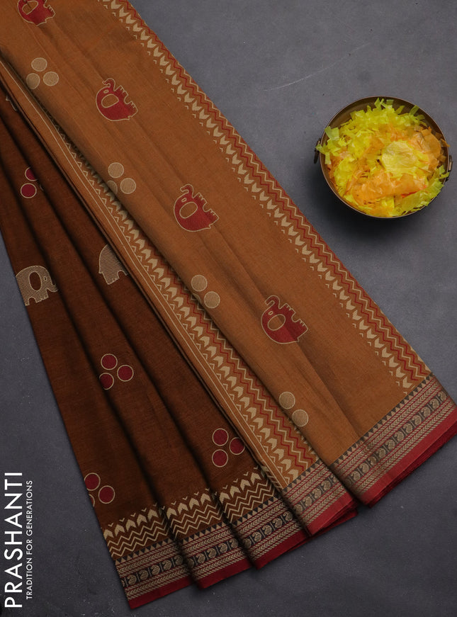 Narayanpet cotton saree dark mustard and maroon with block prints and thread woven border