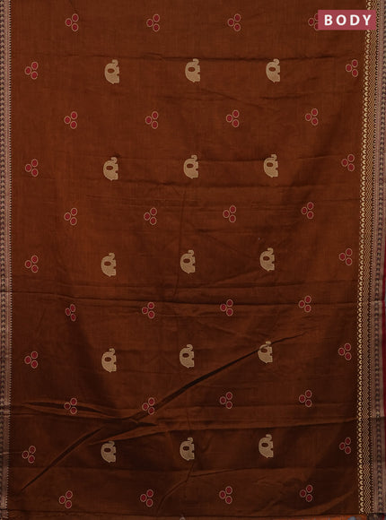 Narayanpet cotton saree dark mustard and maroon with block prints and thread woven border