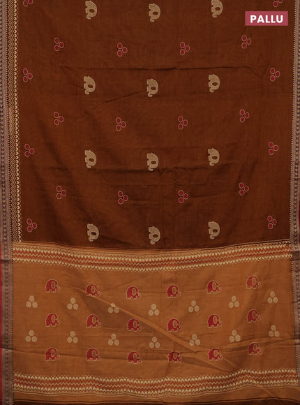 Narayanpet cotton saree dark mustard and maroon with block prints and thread woven border