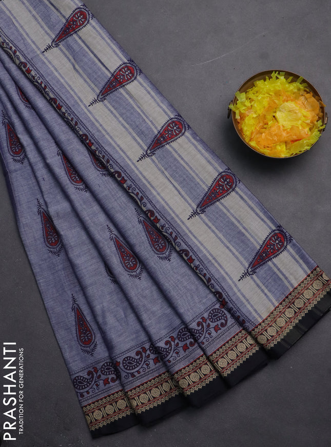 Narayanpet cotton saree greyish blue and black with block prints and thread woven border
