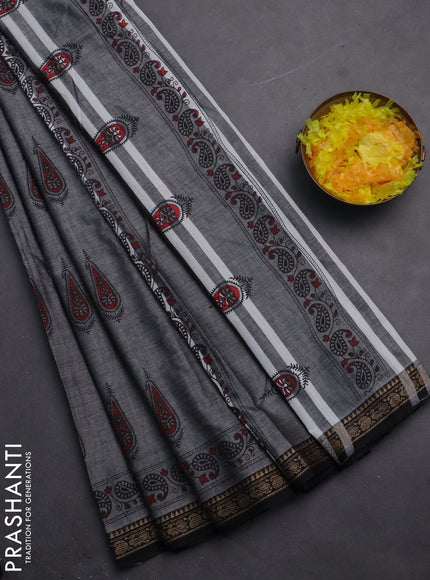 Narayanpet cotton saree grey and black with block prints and thread woven border