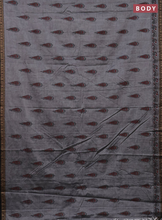 Narayanpet cotton saree grey and black with block prints and thread woven border
