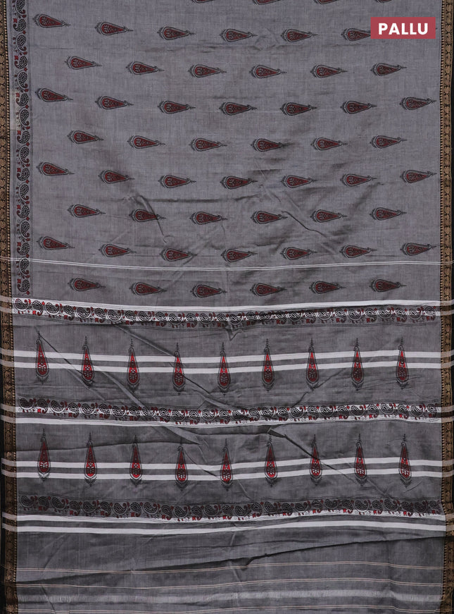 Narayanpet cotton saree grey and black with block prints and thread woven border