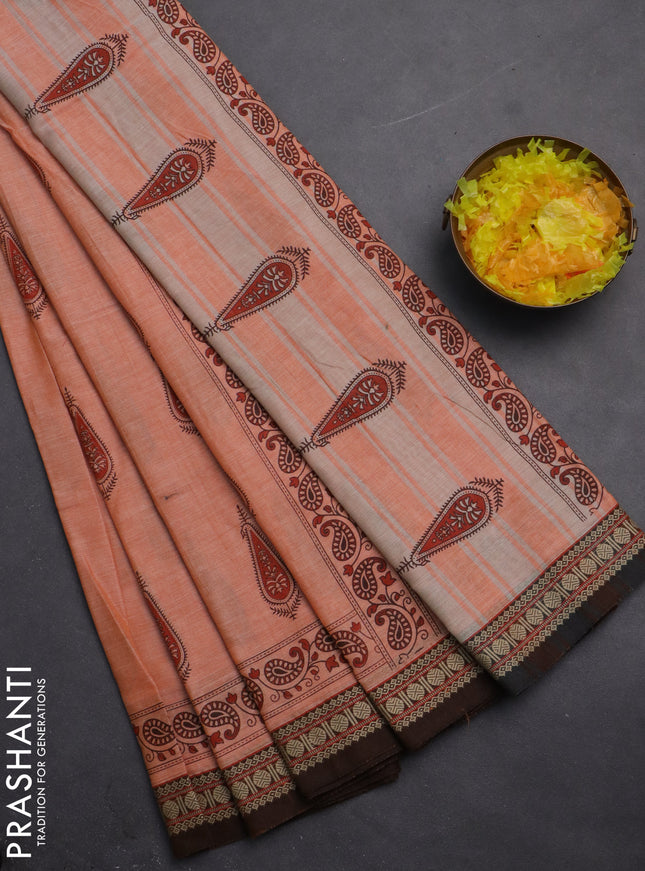 Narayanpet cotton saree pale orange and brown with block prints and thread woven border