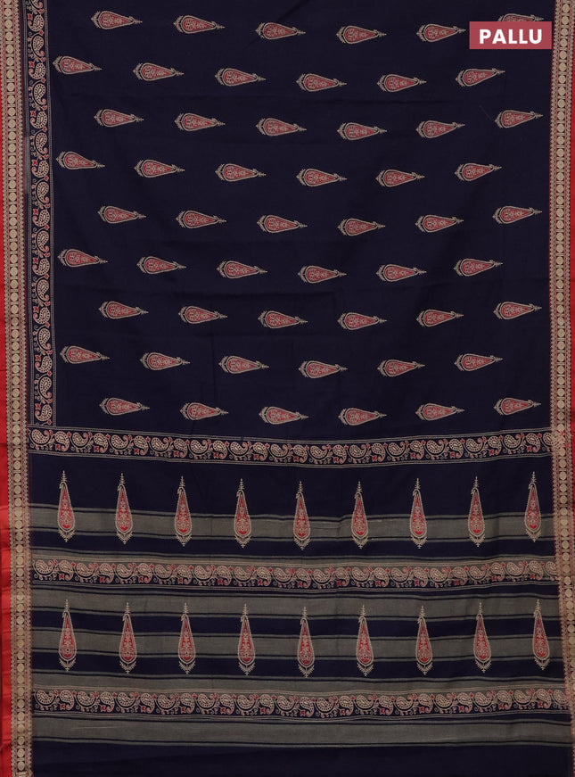 Narayanpet cotton saree navy blue and red with block prints and thread woven border
