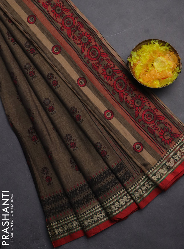 Narayanpet cotton saree chikku shade and red with block prints and thread woven border